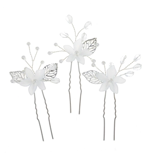 Set de 3 épingles à cheveux de mariée avec fleurs blanches, perles et feuilles argentées