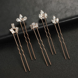 Set of 5 golden bridal hair pins with marquise rhinestones and U-shaped design
