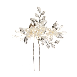 Épingle à cheveux feuilles argentées avec perles et cristaux, bijou de mariée en U