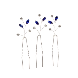 Lot de 3 épingles à cheveux de mariée en U avec strass bleu roi et fil floral argenté