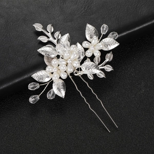 Épingle à cheveux feuilles argentées avec perles et cristaux pour coiffure de mariée
