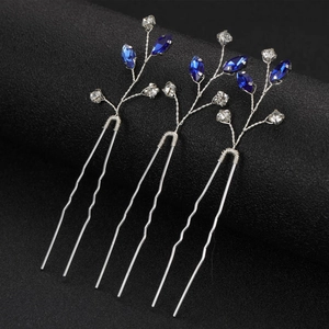Lot de 3 épingles à cheveux de mariée en U avec strass bleu roi et fil d'argent