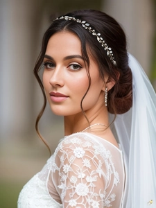 Dettaglio fascia da sposa con cristalli azzurri e orecchini pendenti coordinati su pizzo