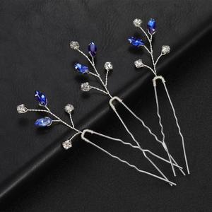 Lot de 3 épingles à cheveux de mariage en argent avec strass bleu roi et cristaux