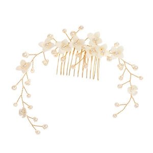 Peigne à cheveux de mariée avec fleurs en céramique blanche et perles sur fil doré fait main