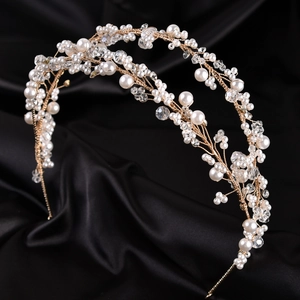 Elegant bridal double row pearl headband with crystals on gold vine wire for weddings
