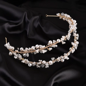 Elegant gold bridal headband with double row of pearls and crystals on black silk