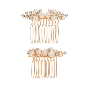 Elegante set di 2 pettini per capelli dorati con perle bianche e strass scintillanti