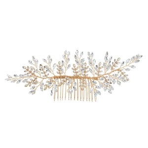 Goldener Brauthaarkamm mit Perlenakzenten und Marquise-Kristallblatt-Designs