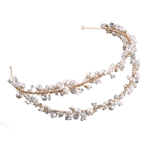 Elegant double-layered bridal headband with white pearls and crystals on gold wire
