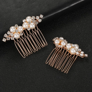 Set di due pettini per capelli da sposa in oro rosa con perle e strass per matrimoni