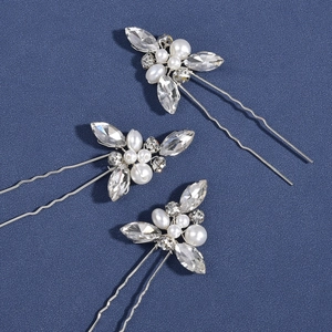 Lot de 3 épingles à cheveux en U argentées avec perles blanches et strass marquise
