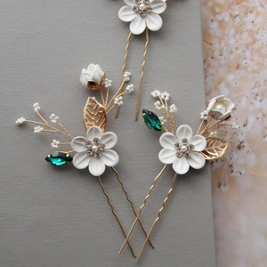 Épingle à Cheveux de Mariée Faite à la Main Strass Marquise Vert Fleur Blanche en Forme de U Feuille de Métal Or Künstliche Perle d'Imitation Femmes