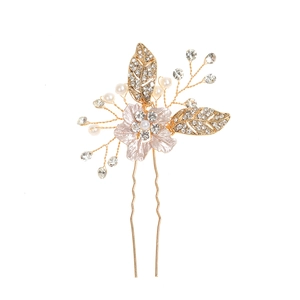 Elegant gold U-shape bridal hair pin with sparkling rhinestones and faux pearls