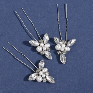 Lot de 3 épingles à cheveux de mariée avec cristaux marquise et perles pour les mariages