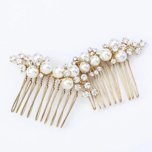 Pettine per capelli da sposa con perle bianche e strass su base in metallo dorato