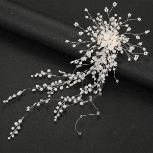 Handmade Artificial Pearl Flower Bridal Hair Chain Headband Elegant Alloy Bead Wedding Hair Accessories For Women Gold Silver