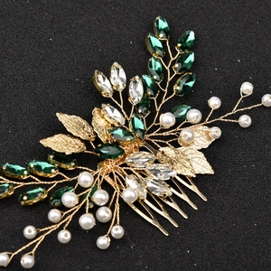Peigne à cheveux de mariée avec cristaux bleus, feuilles dorées et perles blanches