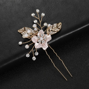 Elegant gold hollow U-shaped hair pin with pink flower, pearls and rhinestones