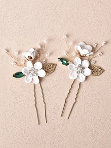 Set d'épingles à cheveux mariée avec fleurs blanches et pierres marquise vertes dorées