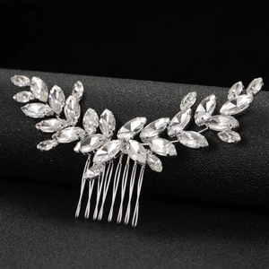 Peigne à cheveux de mariée argenté avec cristaux marquise et motif de feuilles