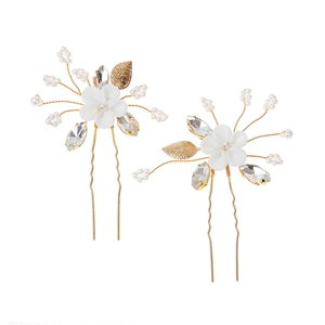 Lot de 2 épingles à cheveux fleurs blanches avec perles et cristaux sur broches dorées