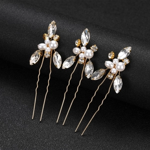 Lot de 3 épingles à cheveux de mariée en U avec strass marquise et perles blanches dorées