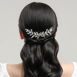 Peigne à cheveux de mariée argenté avec feuilles de cristal et strass pour mariage