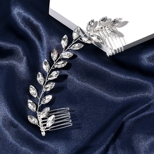 Silver bridal hair vine with leaf-shaped marquise rhinestones and double metal hair combs