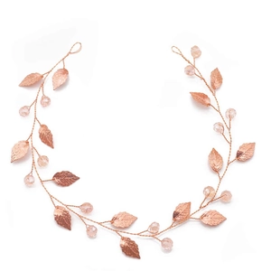 Handmade rose gold bridal hair vine with crystal beads and delicate metal leaf design