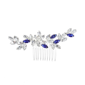 Peigne à cheveux de mariée avec cristaux bleu roi et motif floral en alliage argenté en forme de feuille