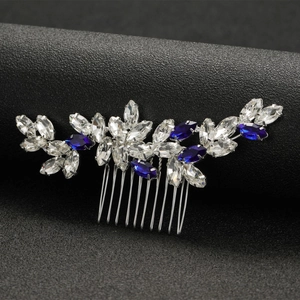 Peigne à cheveux mariage argenté avec cristaux marquise bleu roi et transparents