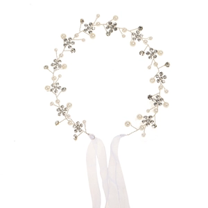 Handgefertigtes Braut-Stirnband mit Kristallblumen, Perlen und weißen Chiffon-Bändern