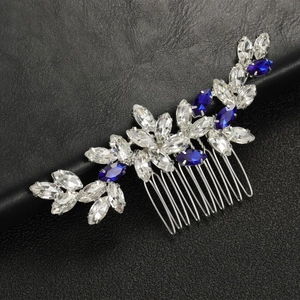 Peigne à Cheveux de Mariage en Strass Marquise Bleu Royal Alliage d'Argent Feuille Coiffe de Mariée pour Femme Banquet Accessoires