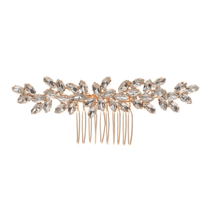 Elegant gold metal bridal hair comb with marquise cut crystals in leaf shape design