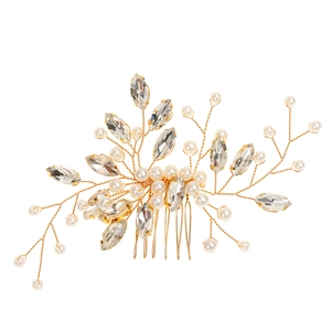 Peigne à cheveux de mariée fait main avec perles et cristaux sur fils métalliques dorés