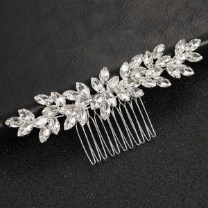 Elegant silver bridal hair comb with leaf-shaped marquise rhinestones on black leather