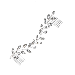 Detail of silver bridal hair comb with marquise cut crystals in a vine leaf design