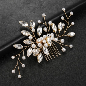 Peigne à Cheveux de Mariée en Alliage Doré Fait Main Avec Imitation Künstliche Perle Strass Élégant Floral Feuille Accessoires de Cheveux Mariage Femme