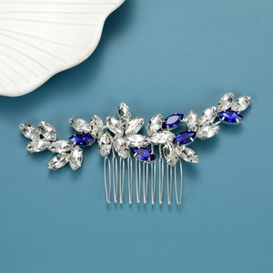 Peigne à cheveux de mariée avec cristaux bleu roi et monture argentée à motif floral
