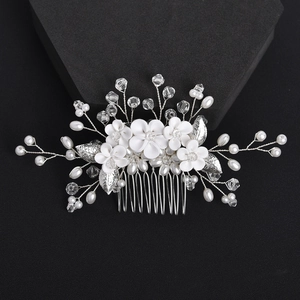 Elegant white clay flower hair comb with silver metal leaves and pearls for brides