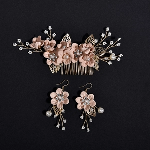 Handmade Bridal Hair Comb And Earrings Fabric Flower Faux Artificial Pearl Rhinestone Gold Leaf Wedding Jewelry For Women