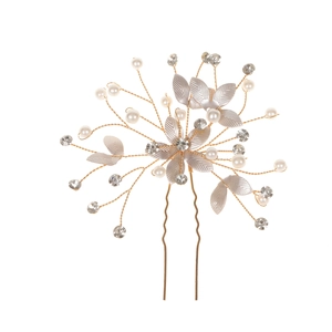 Elegant floral U-shaped hair pin with pearls and rhinestones for bridal hairstyles