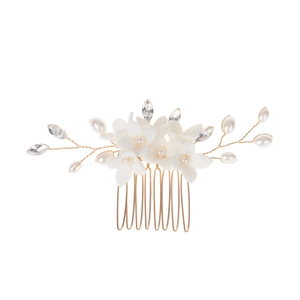Handmade bridal hair comb with white ceramic flowers, pearls and crystals on gold wire