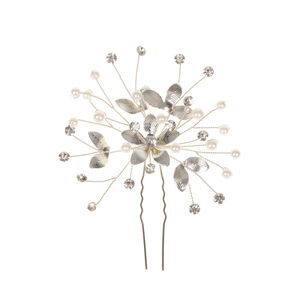 Detail of silver bridal hair pin with crystal flowers, white pearls and metallic leaves