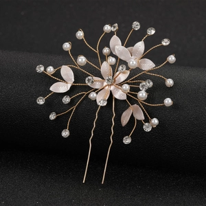 Bridal U-Shaped Hairpin Alloy Painted Flower Rhinestone Faux Artificial Pearl Hair Stick Wedding Party Hair Jewelry For Women