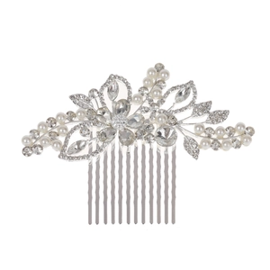 Peigne à cheveux de mariée élégant avec fleurs en strass argentés et perles blanches de luxe