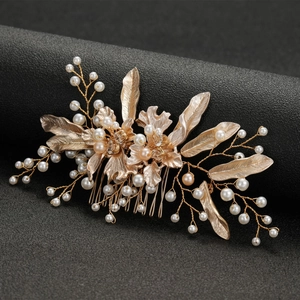 Elegant gold alloy leaf hair comb with handmade pearls and wheat design for brides