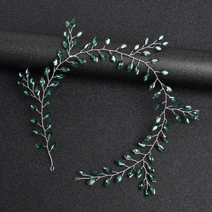 Vigne de Cheveux Vintage en Fil d'Argent avec Strass Marquise Vert Émeraude pour Femmes Mariage Bandeau Motif de Feuilles
