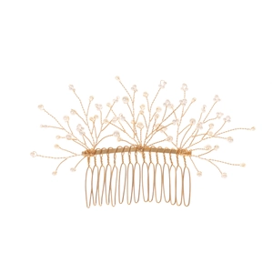 Elegant gold bridal hair comb with intricate wire-wrapped white pearls on a white background